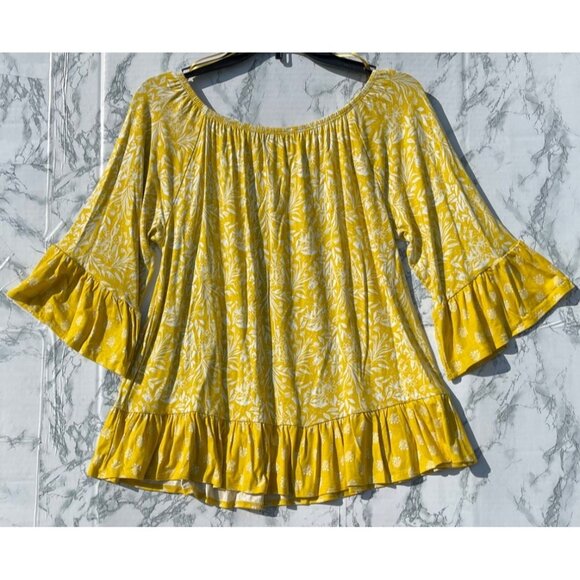 Style & Co Womens Yellow Floral Ruffle Hem and sleeve Peasant Blouse Sz  Small - Picture 2 of 7